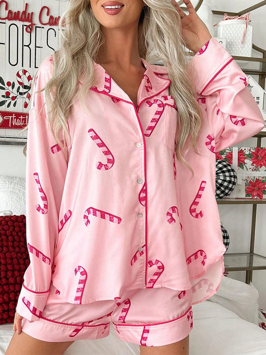 Women Christmas Satin Pajamas Sets Candy Cane Print Long Sleeve Button Down Shirts Tops And Shorts Set Fall Winter Xmas Holiday Cute Sleepwear Loungewear Y2k PJs 2 Pieces Outfits