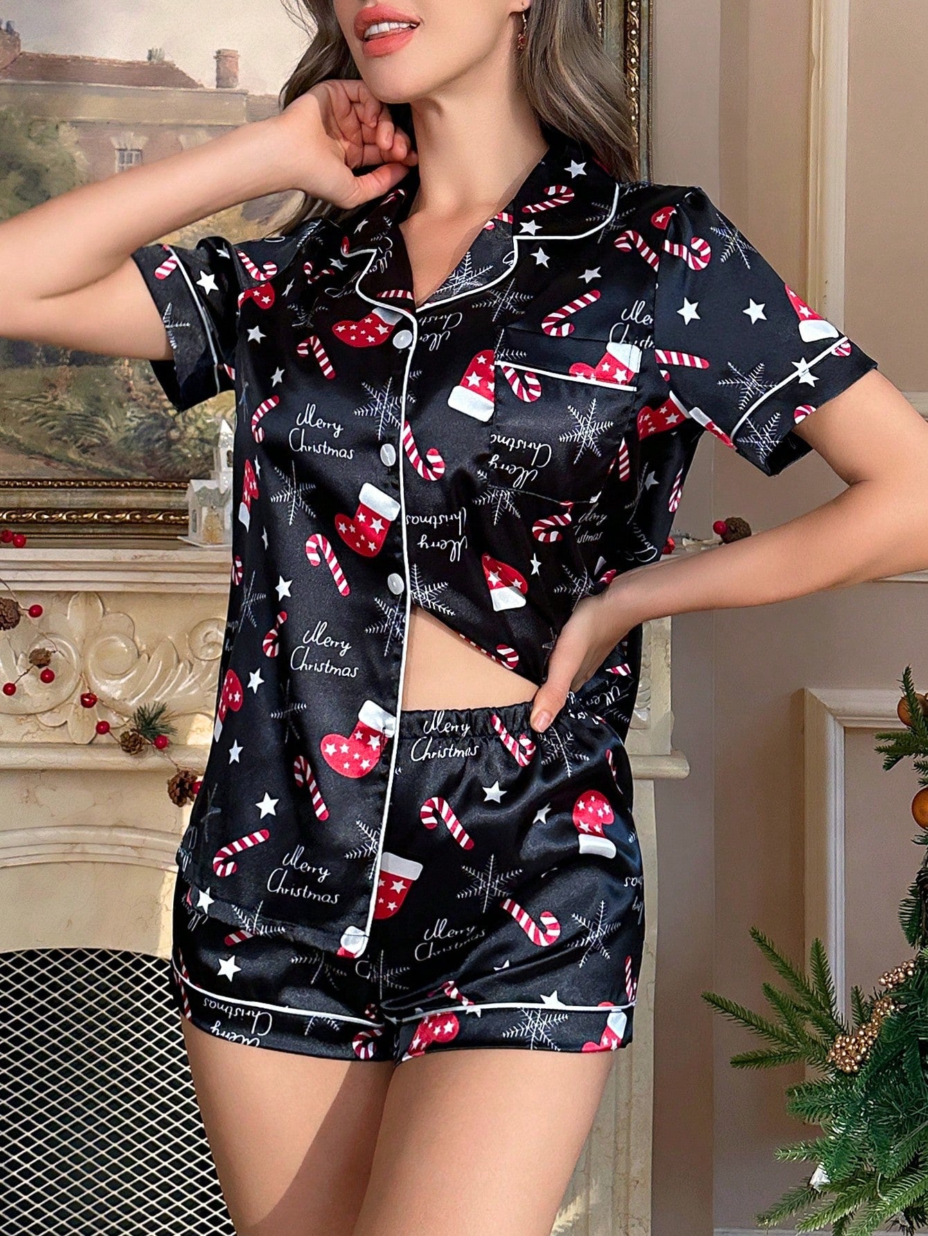 Christmas Pattern Lapel Cardigan Short Sleeve & Shorts Pajama Set