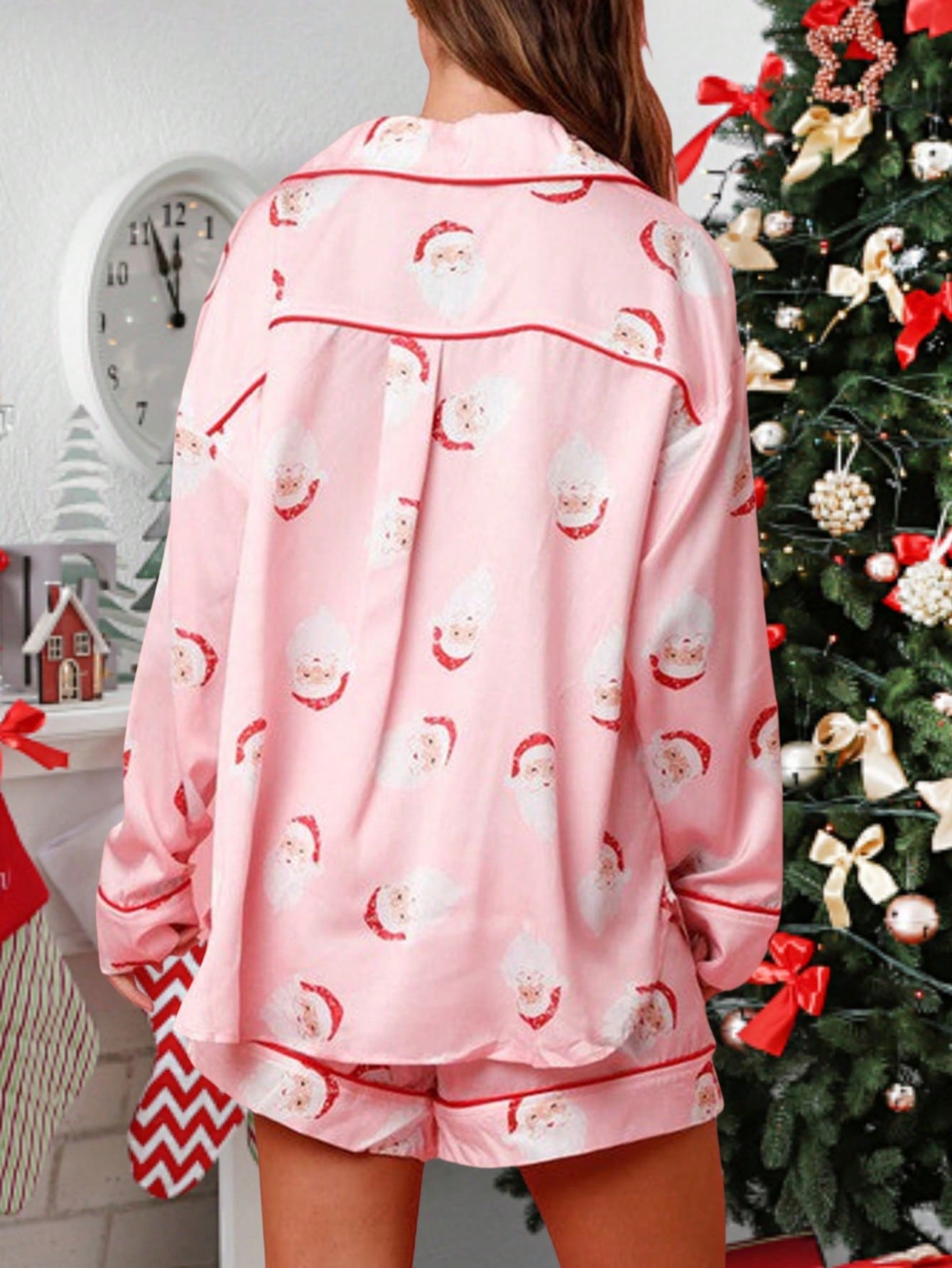 Women Christmas Pajamas Sets Santa Print Long Sleeve Button Down Shirts Tops And Shorts Set Fall Winter Xmas Holiday Cute Sleepwear Loungewear Y2k PJs 2 Pieces Outfits