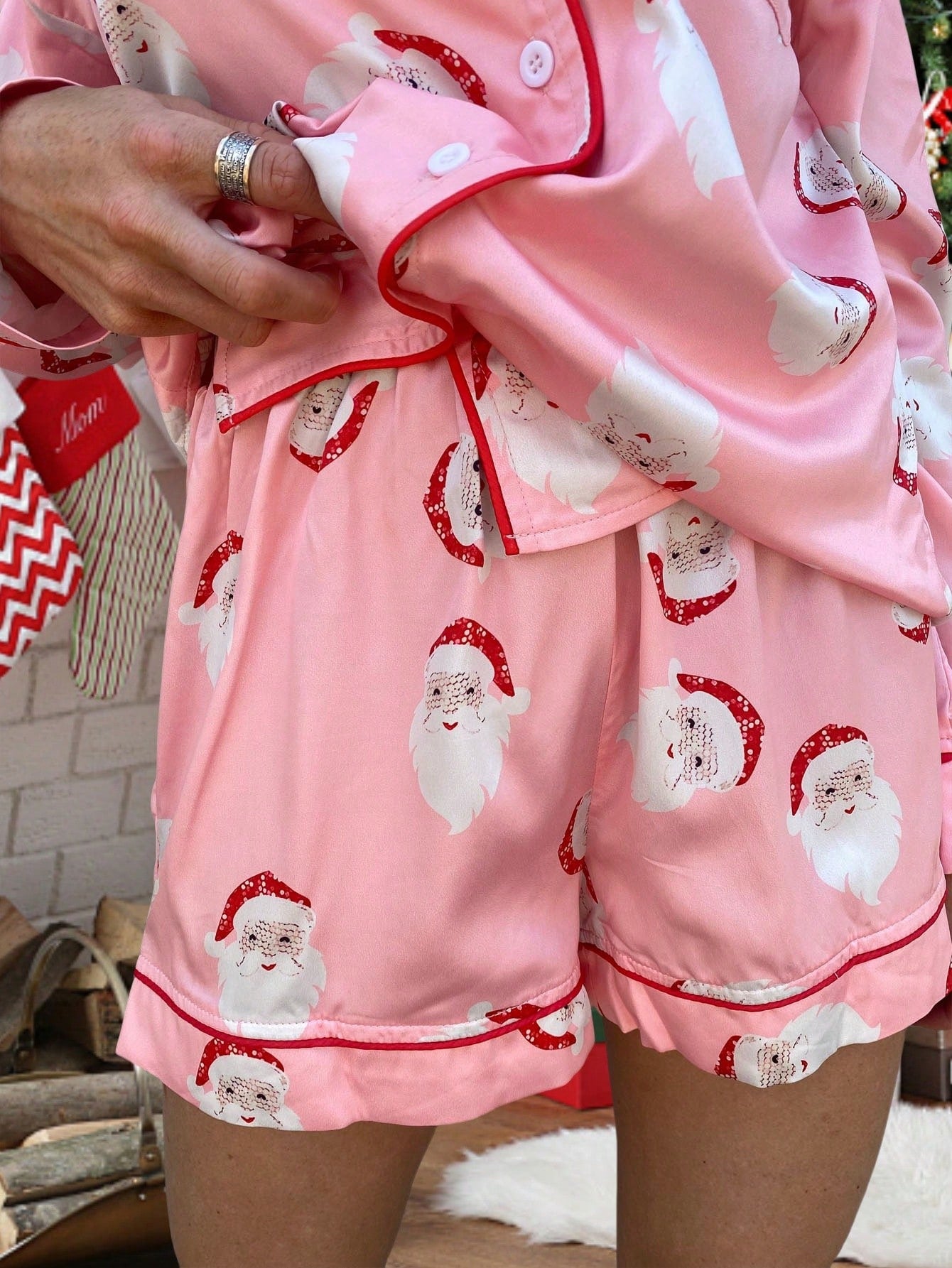 Women Christmas Pajamas Sets Santa Print Long Sleeve Button Down Shirts Tops And Shorts Set Fall Winter Xmas Holiday Cute Sleepwear Loungewear Y2k PJs 2 Pieces Outfits