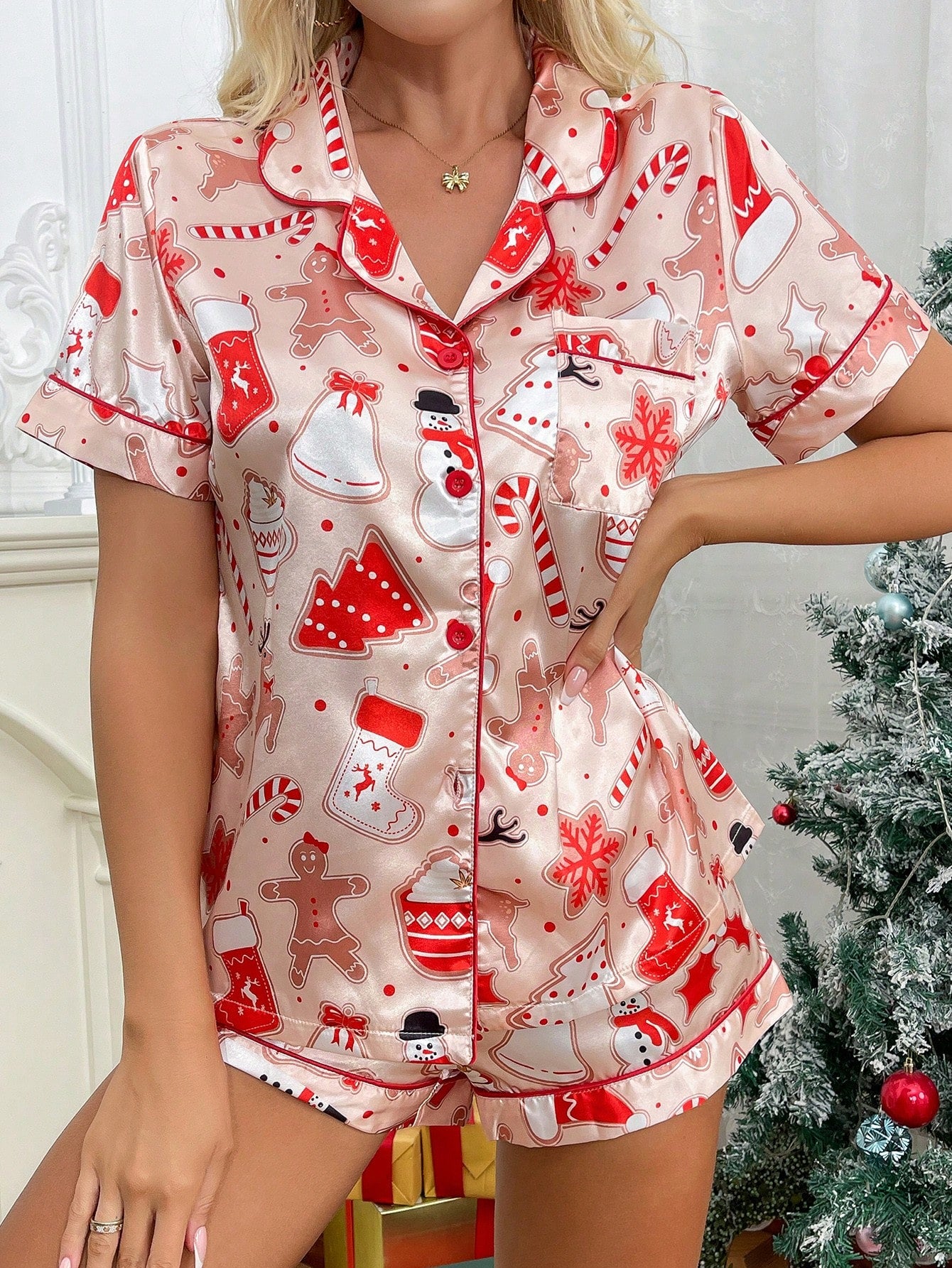 Christmas Elements Printed Imitation Silk Lapel Women Pajama Set