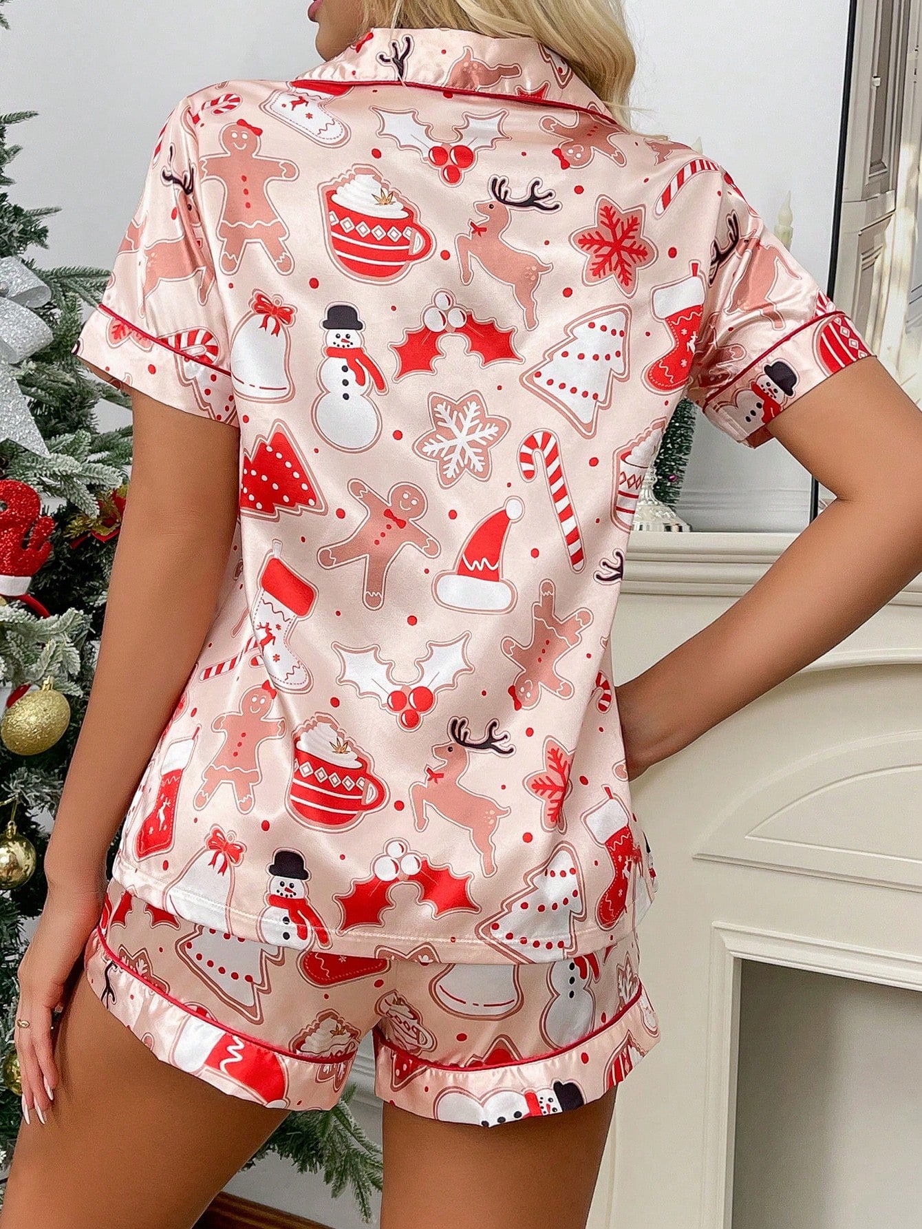 Christmas Elements Printed Imitation Silk Lapel Women Pajama Set