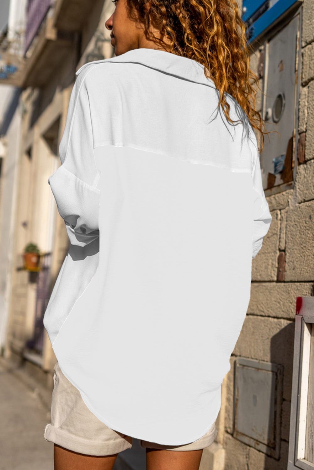 White Pure Color Patch Pocket Blouse
