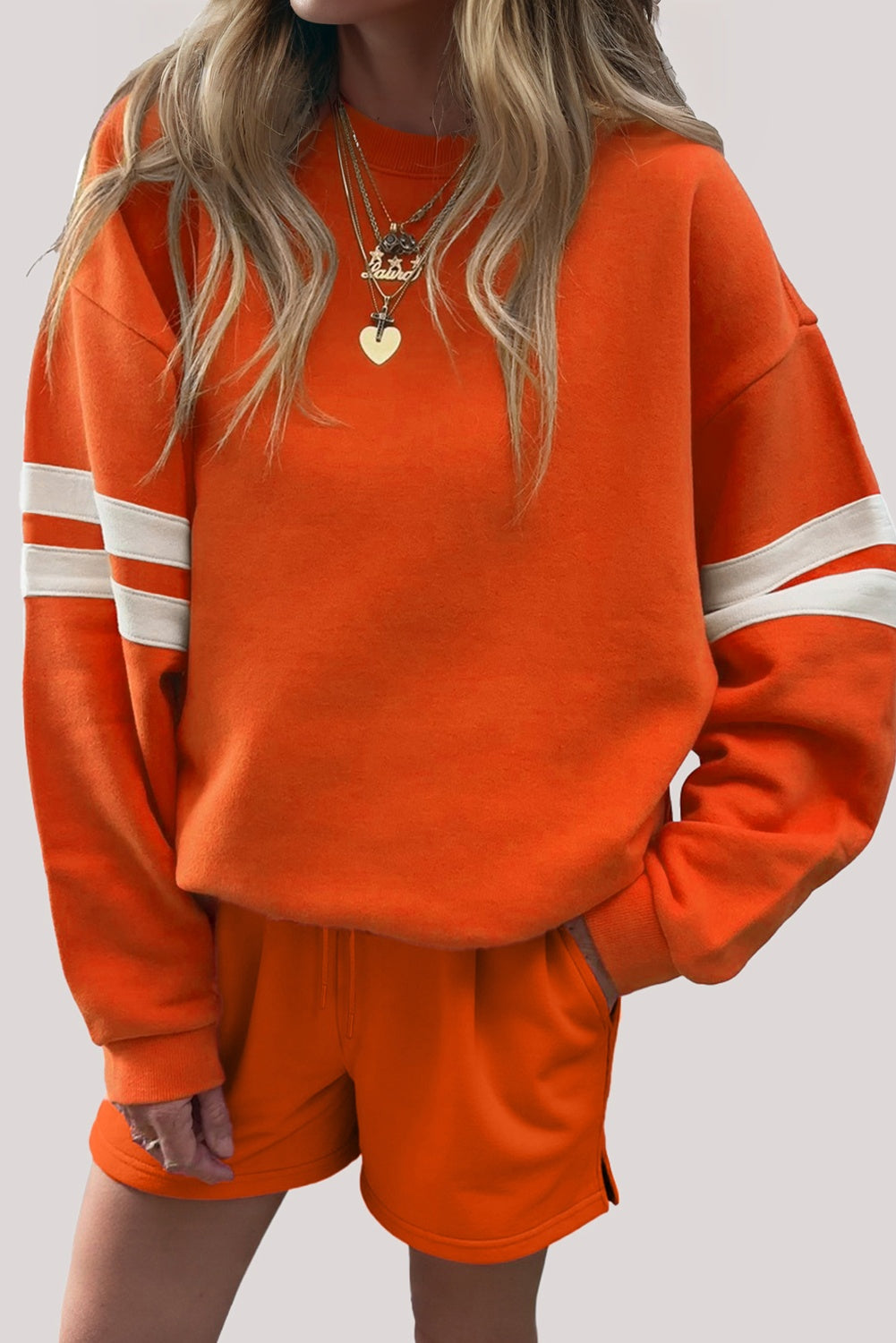 Orange Varsity Striped Sleeve Drop Shoulder Sweatshirt and Short Set