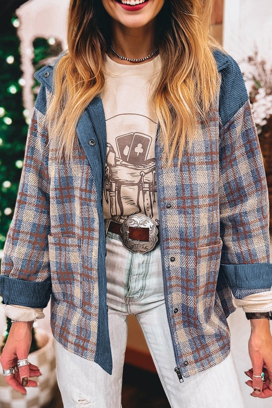 Gray Plaid Corduroy Patchwork Collared Zip Up Snap Button Jacket