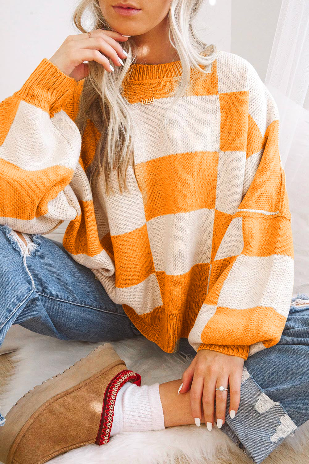 Rose Checkered Bishop Sleeve Sweater