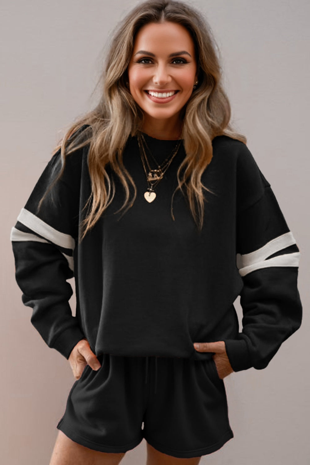 Black Varsity Striped Sleeve Drop Shoulder Sweatshirt and Short Set