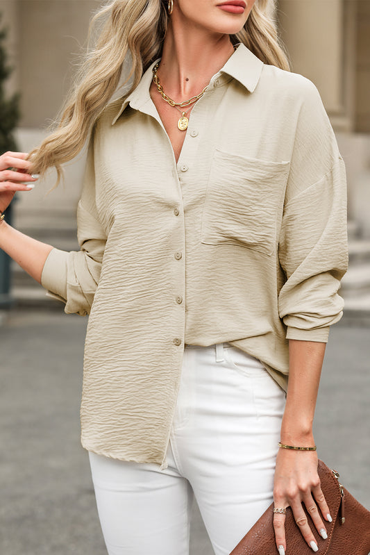 Beige Pure Color Patch Pocket Blouse
