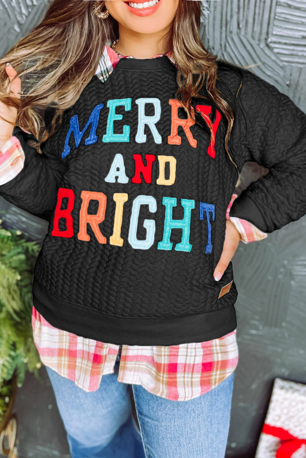 Blackish Green Merry And Bright Cable Knit Pullover Sweatshirt