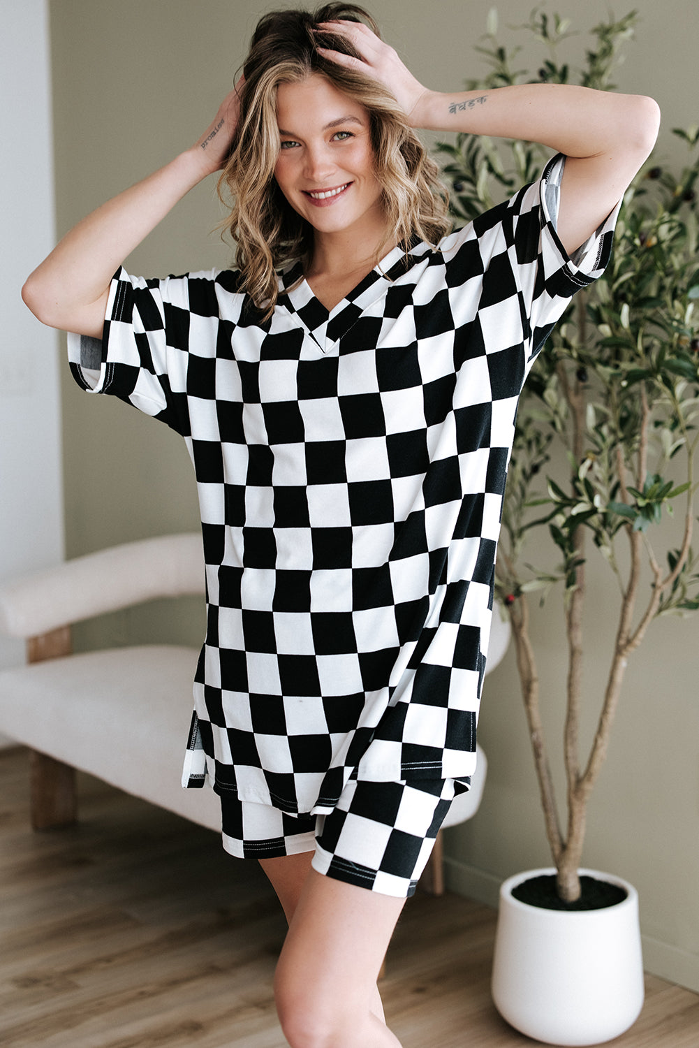 Black Checkerboard Print Lounge Set