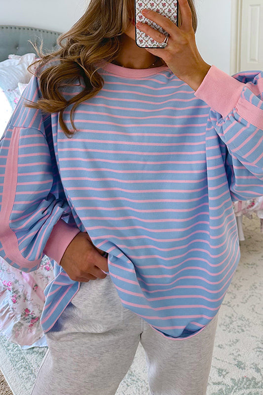 Sky Blue Stripe Oversize Contrast Trim Drop Shoulder Casual Top