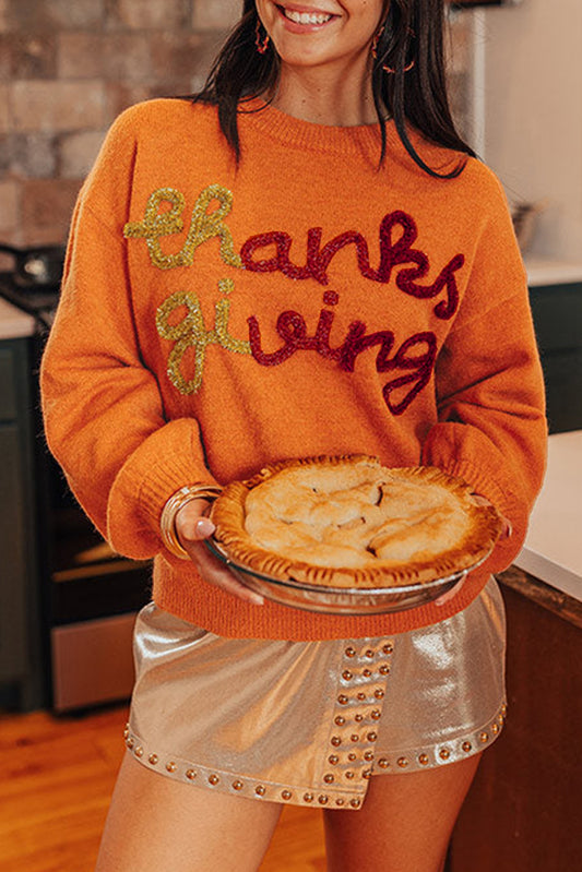 Russet Orange Thanksgiving Drop Shoulder Crew Neck Sweater