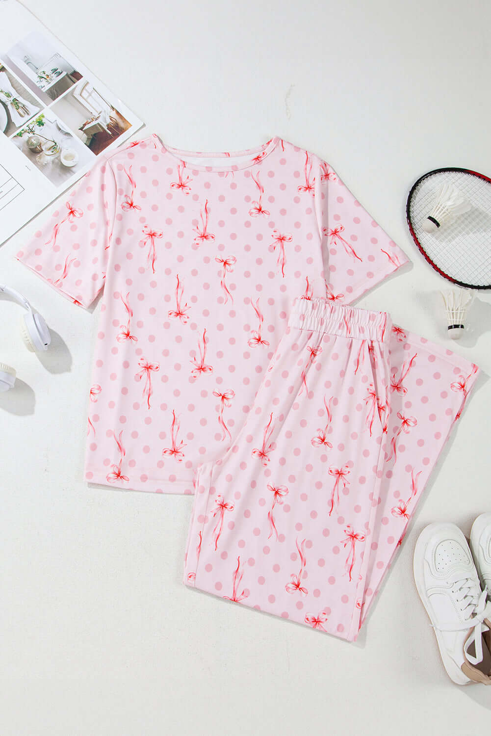 Pink Bow Knot Polka Dot Print Short Sleeve Top Lounge Set