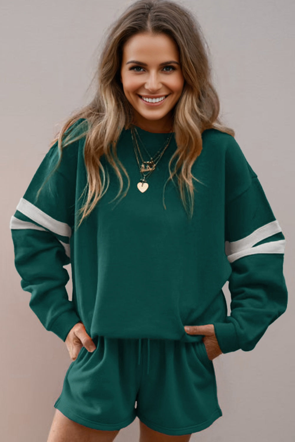 Evergreen Varsity Striped Sleeve Drop Shoulder Sweatshirt and Short Set