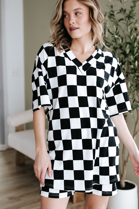 Black Checkerboard Print Lounge Set