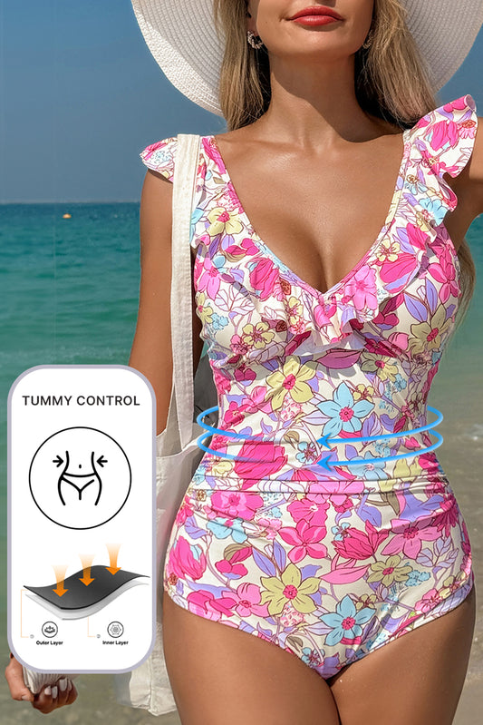 Pink Floral Ruffle Trim Tummy Control One Piece Swimsuit