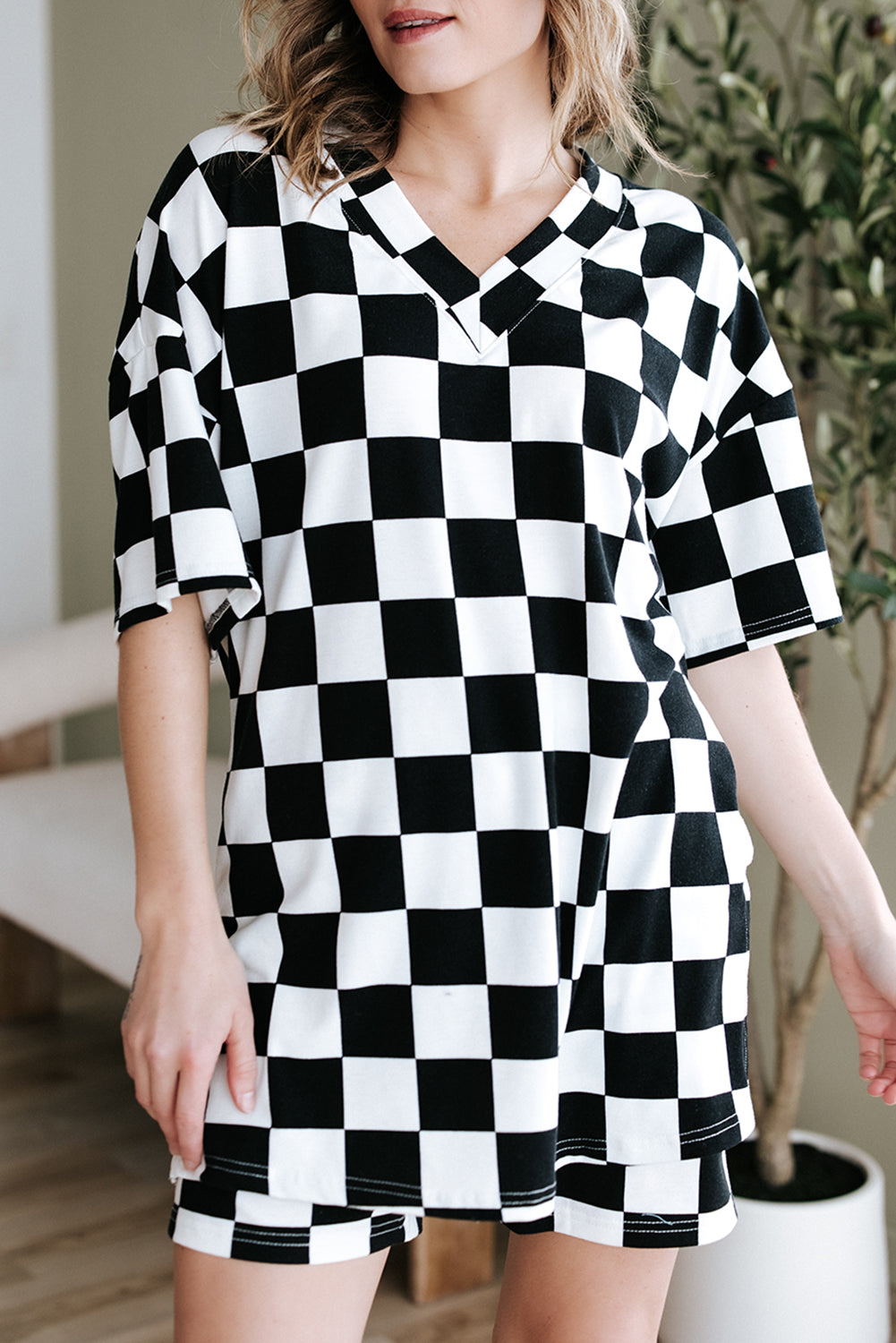 Black Checkerboard Print Lounge Set