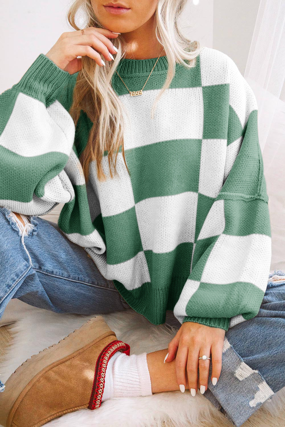 Rose Checkered Bishop Sleeve Sweater