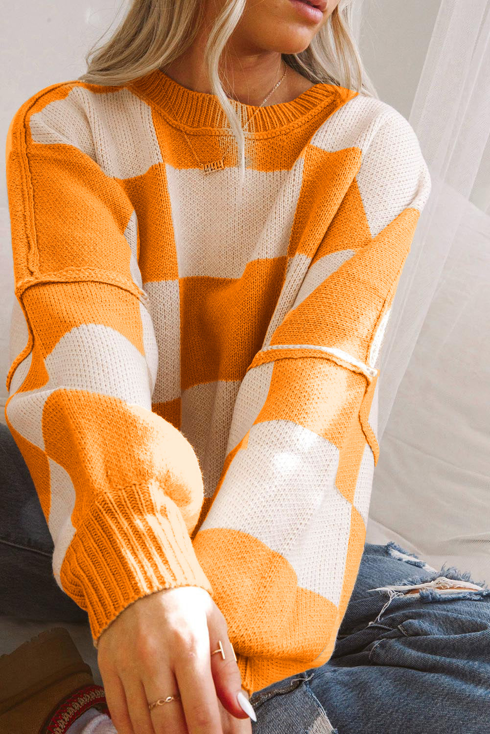 Rose Checkered Bishop Sleeve Sweater