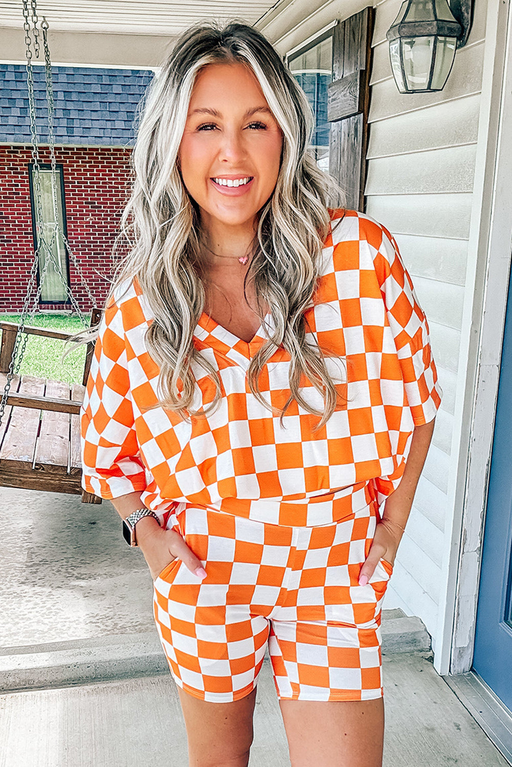 Orange Checkerboard Print Lounge Set