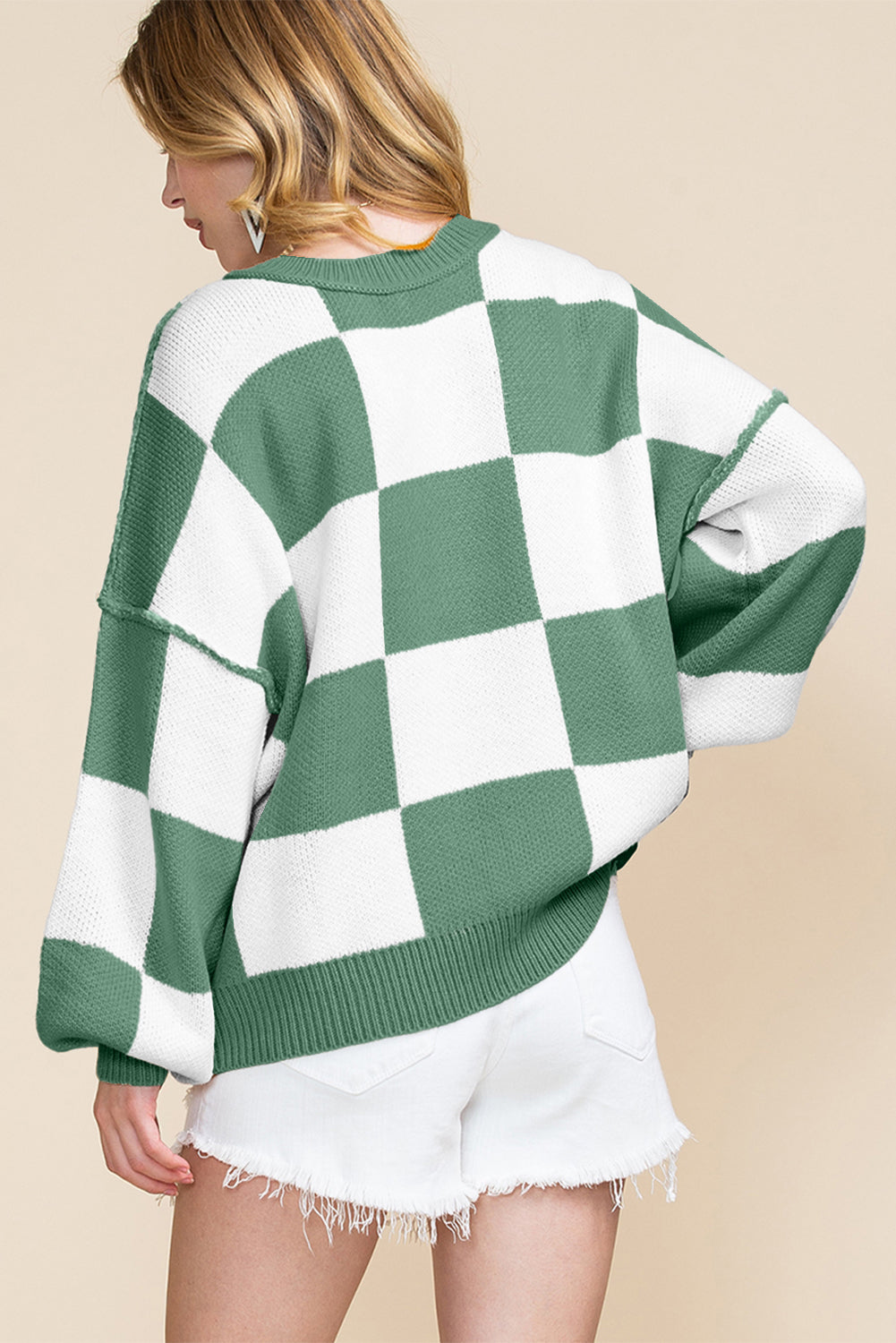 Rose Checkered Bishop Sleeve Sweater