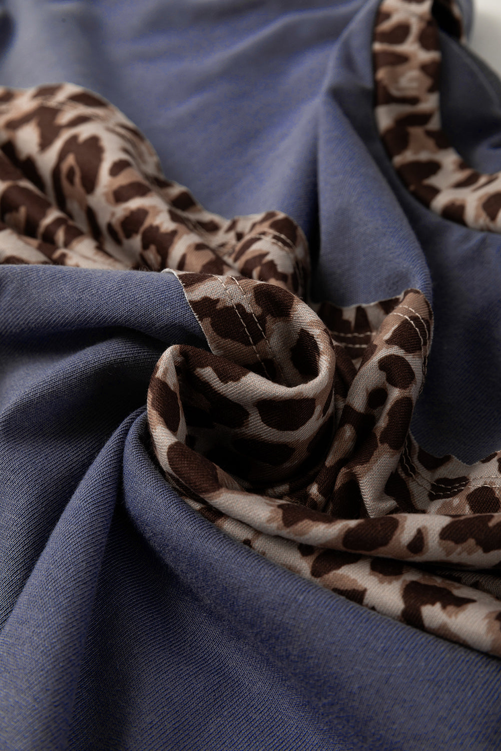 Dark Blue Leopard Colorblock Patchwork Long Sleeve Drop Shoulder Top