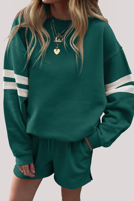 Evergreen Varsity Striped Sleeve Drop Shoulder Sweatshirt and Short Set
