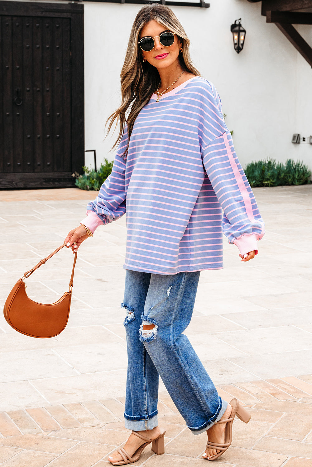 Sky Blue Stripe Oversize Contrast Trim Drop Shoulder Casual Top
