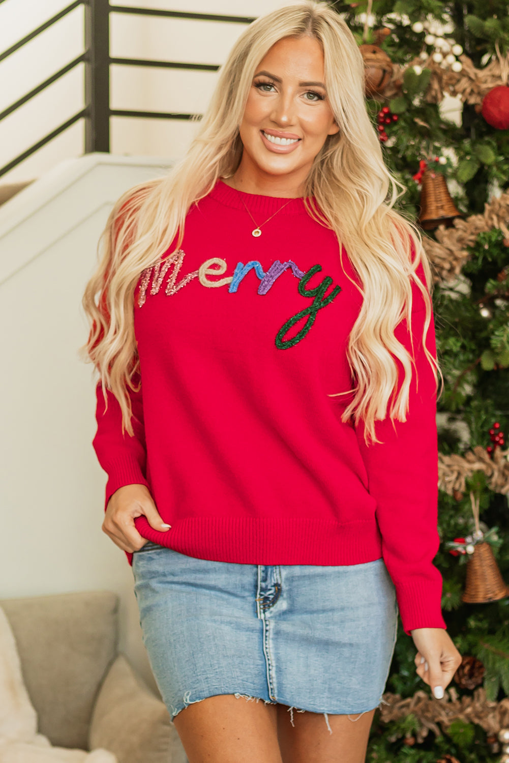 Fiery Red Tinsel Merry Letter Drop Shoulder Baggy Sweater