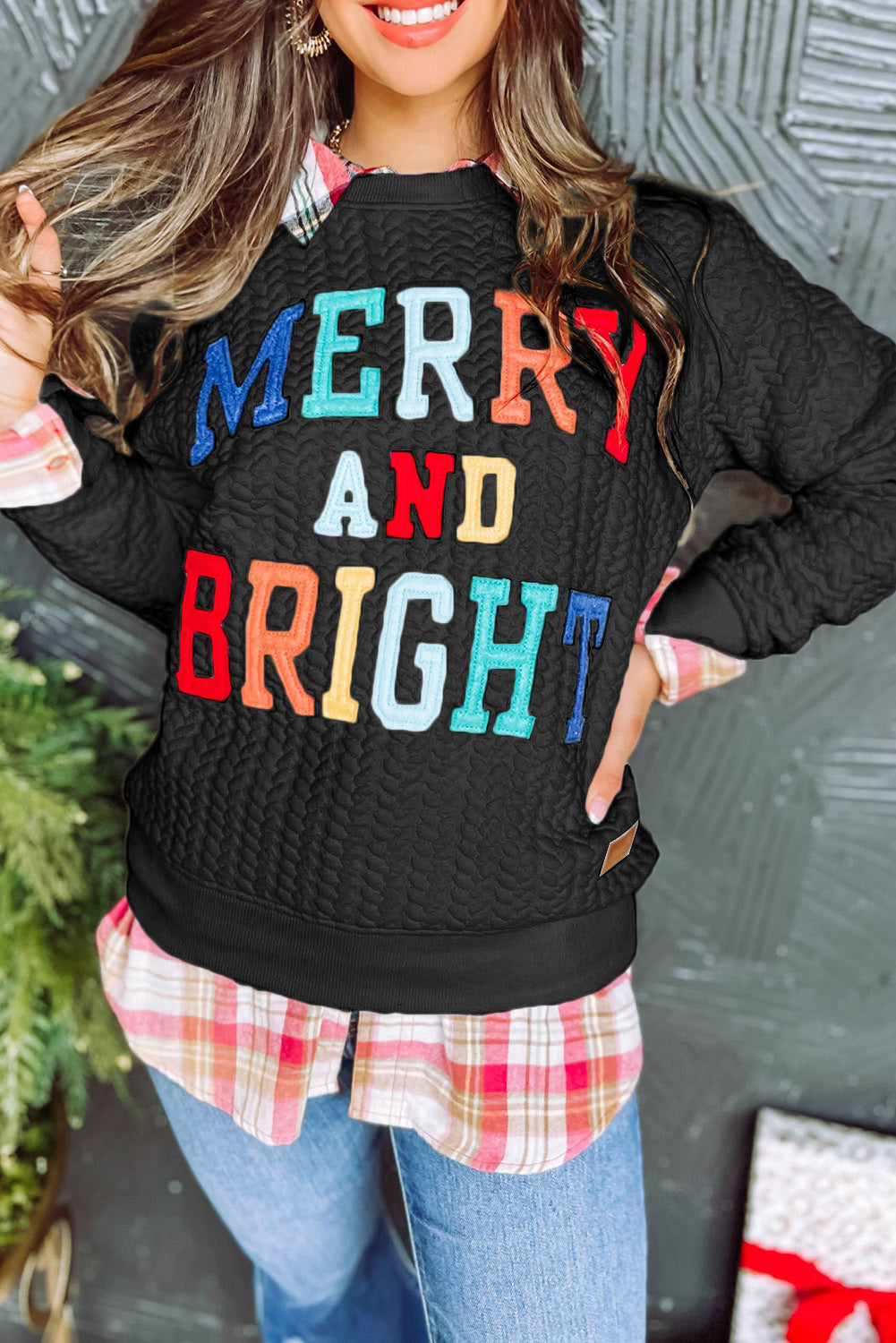 Blackish Green Merry And Bright Cable Knit Pullover Sweatshirt