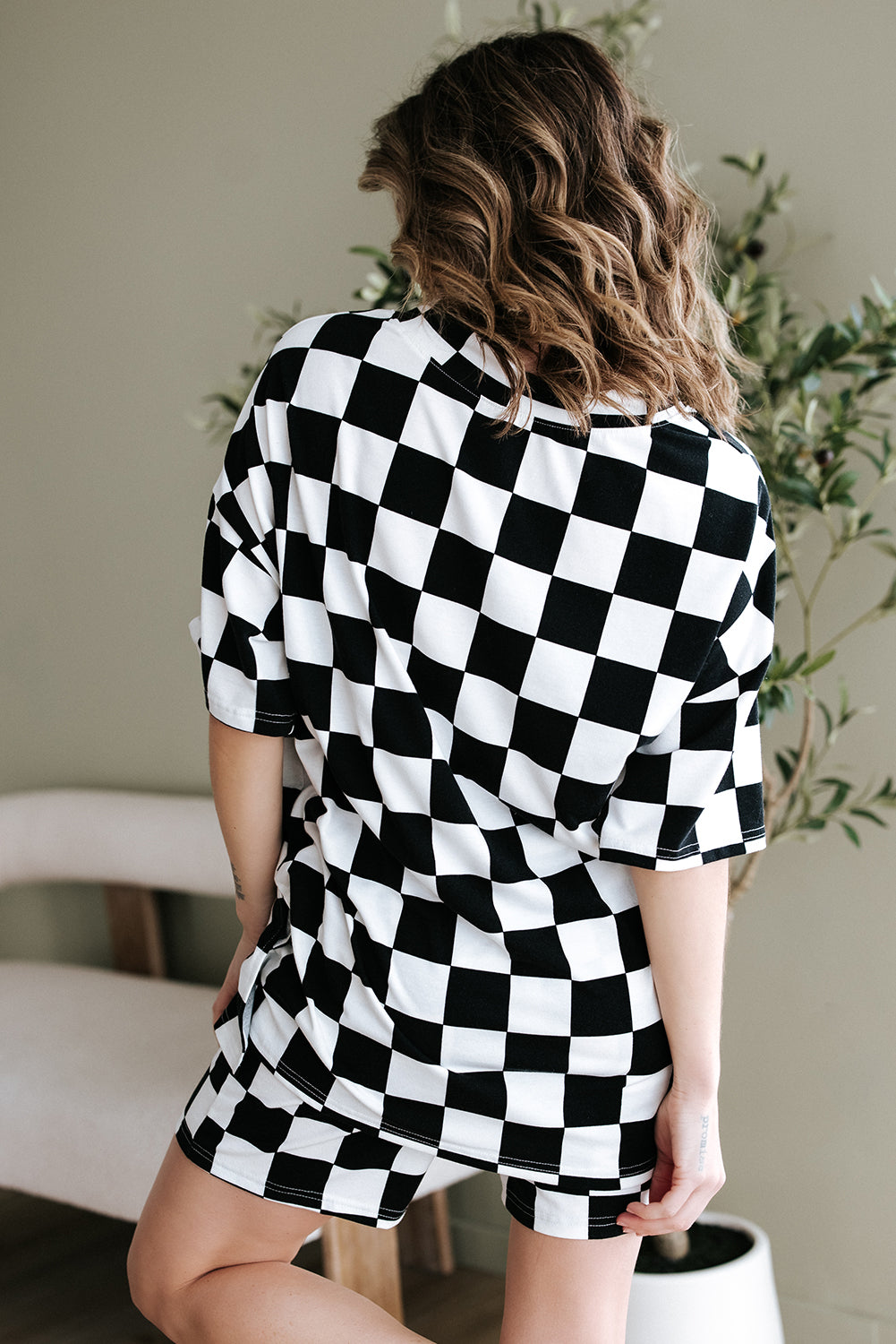 Black Checkerboard Print Lounge Set