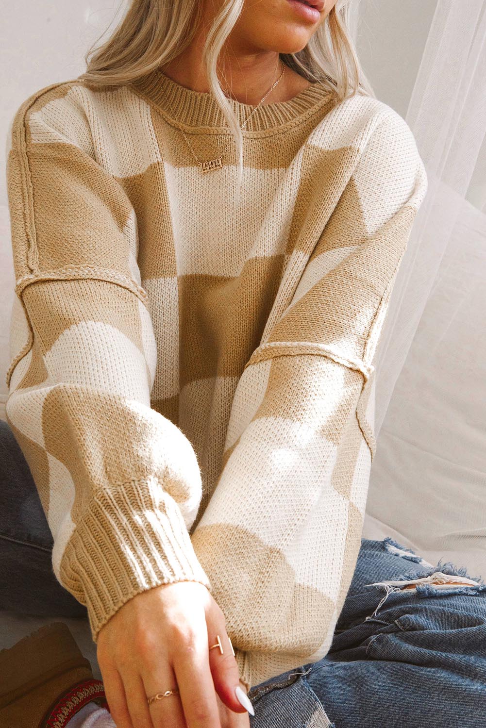 Rose Checkered Bishop Sleeve Sweater