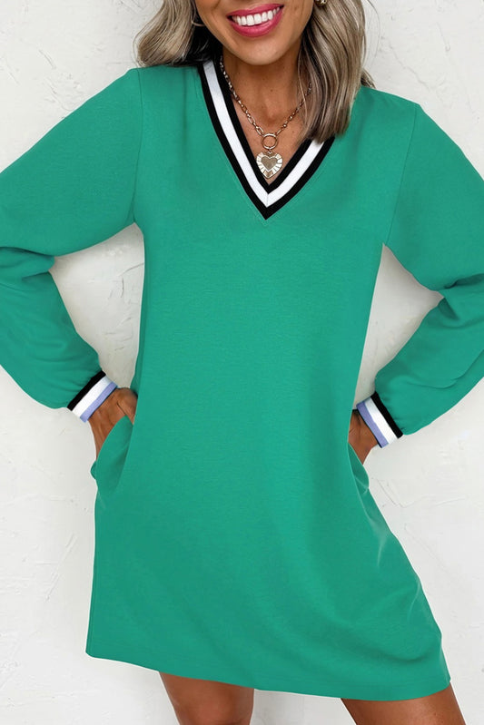 Mint Green Varsity Contrast Striped V Neck Long Sleeve Dress with Pockets