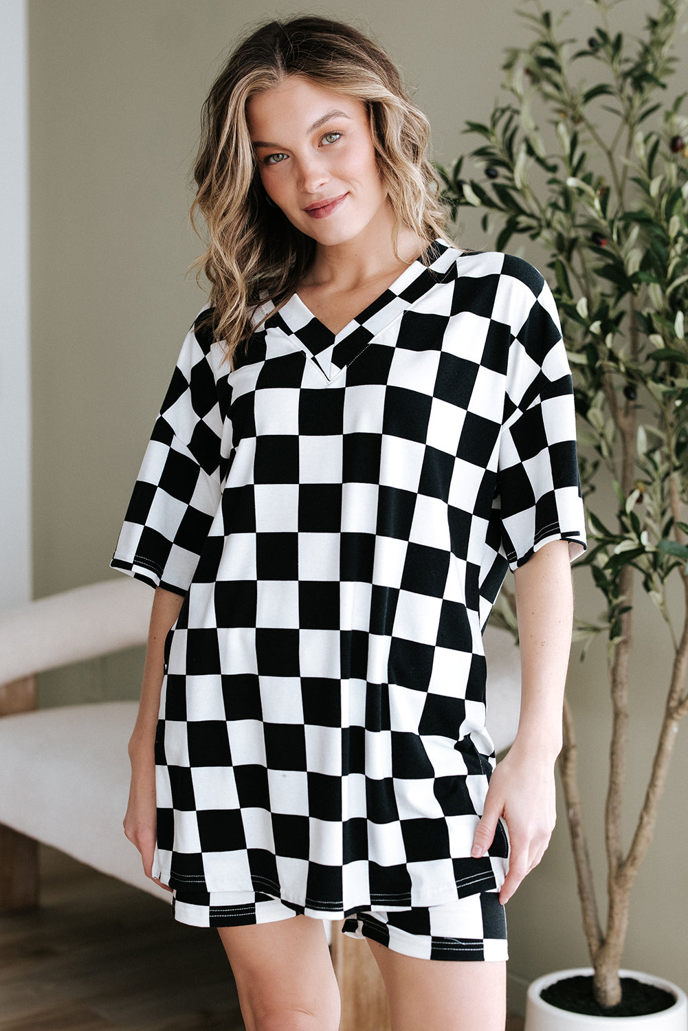 Black Checkerboard Print Lounge Set