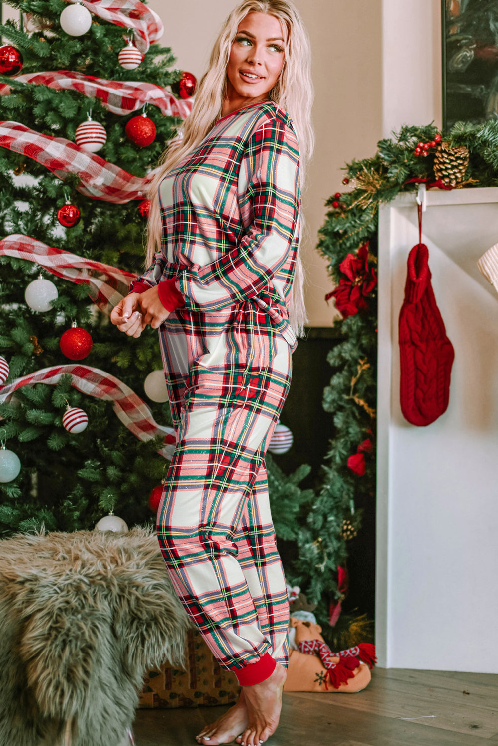 Red Christmas Plaid Allover Top and Pants Lounge Set