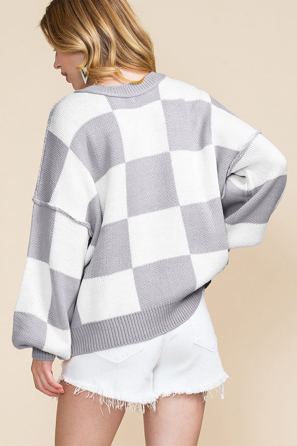 Rose Checkered Bishop Sleeve Sweater